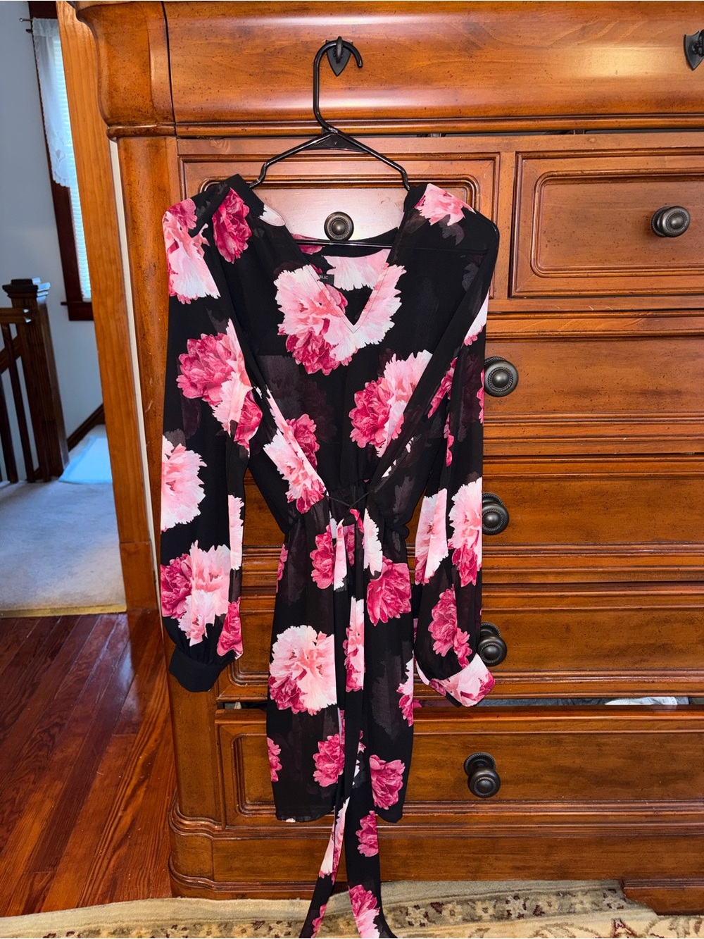 Banana Republic Black Pink Floral Chiffon Tie Waist Mini Dress Size M